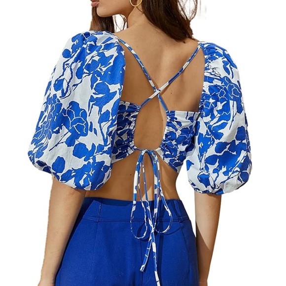 Sweetheart Neck 3/4 Puff Sleeve Criss Cross Tie Back Blouse Crop Top Size S - Picture 7 of 12